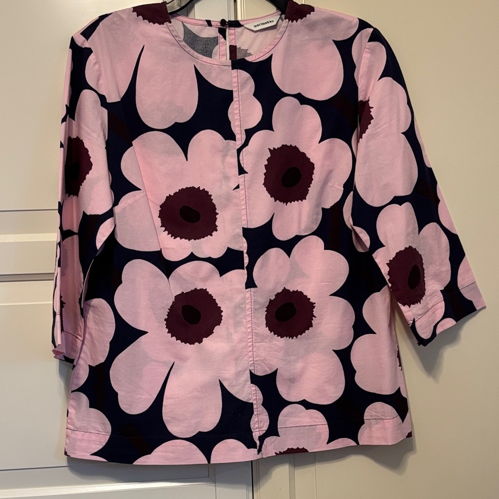 Marimekko Pink Navy Bold Floral Cotton Blouse